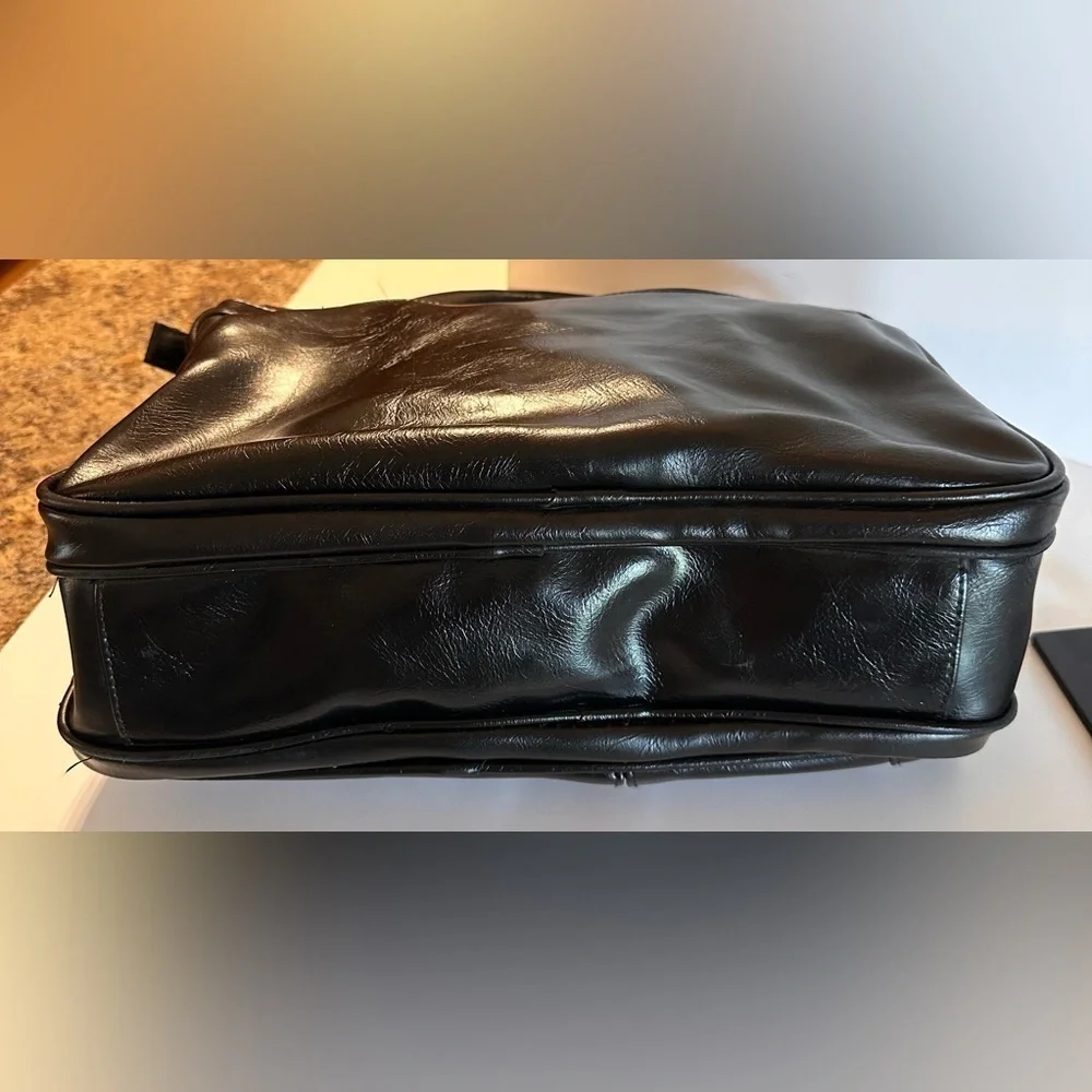 Black Vinyl Laptop Briefcase Business Tote Bag Multi Pocket Zip Work Bag